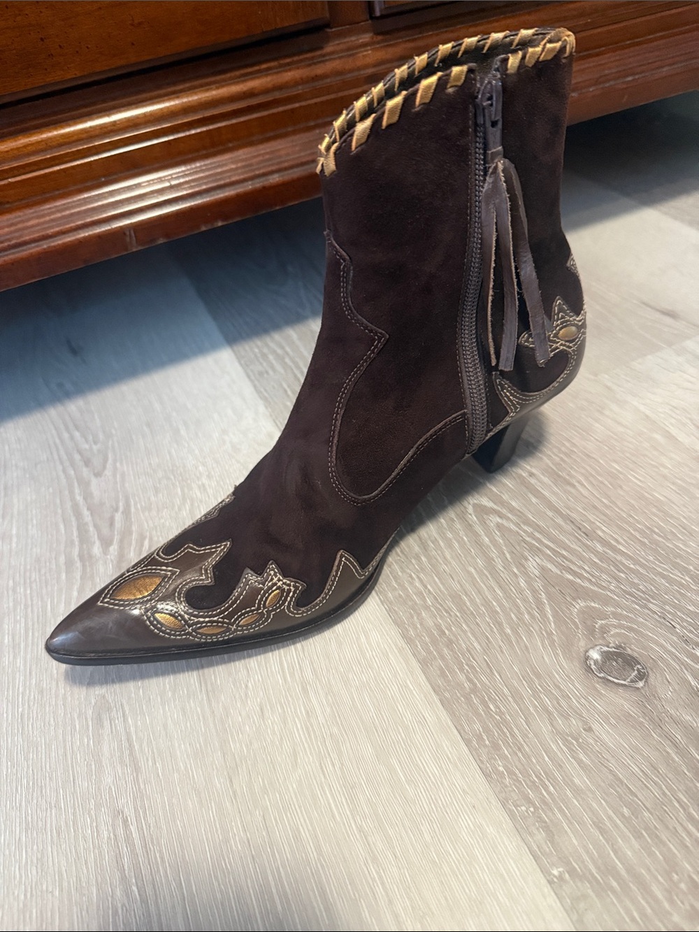 ANTONIO MELANI Dark Brown Suede Western Ankle Boots with Embroidered Toe - Picture 3 of 9